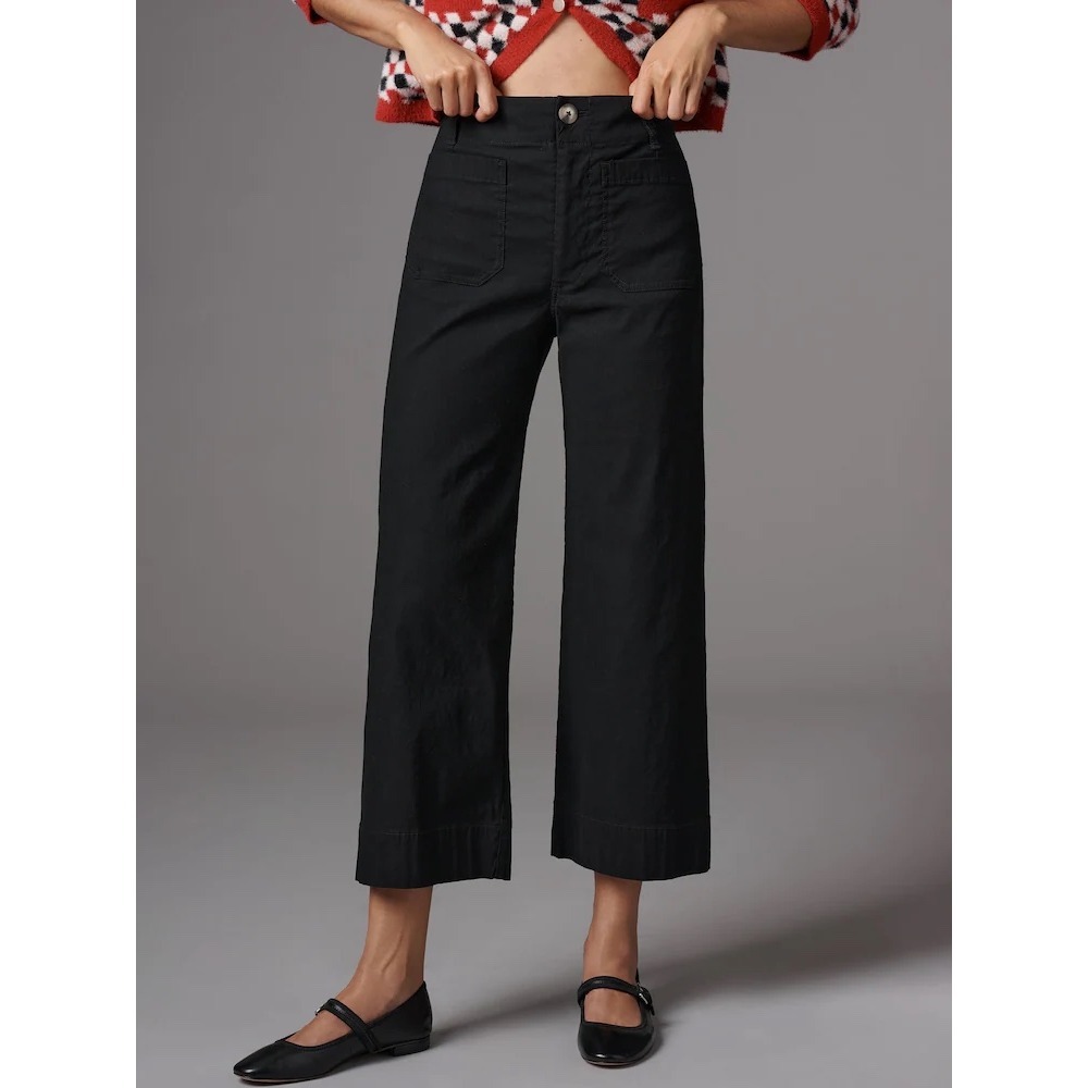 Anthropologie Maeve The Colette Cropped Wide-Leg Trousers Linen Blend Black 29